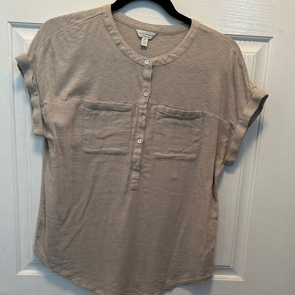 Lucky Brand Women's Taupe Button-Placket Pocket Henley Cotton Blend Size Small